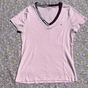 Tommy Hilfiger V neck cap sleeve mid weight tee pink w/ red white blue collar L